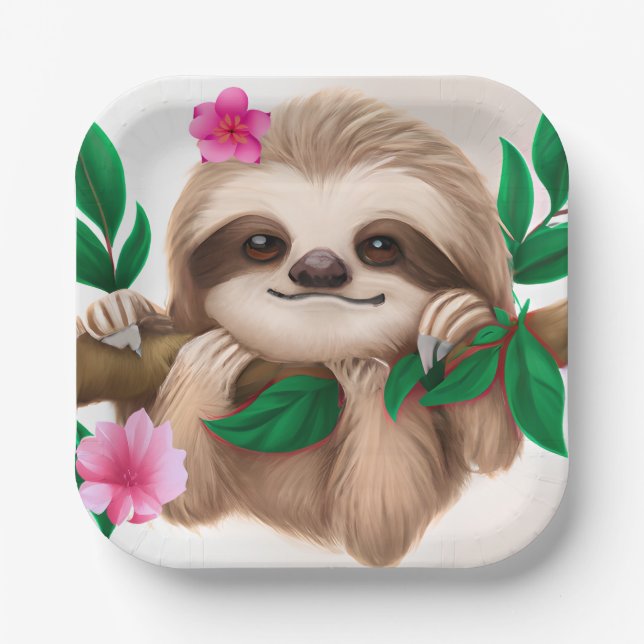 Cute Baby Sloth Hanging in a Tree Paper Plates (Front)