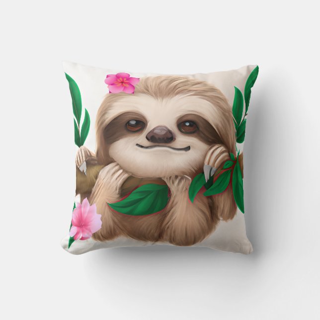 Cute Baby Sloth Hanging in a Tree  Throw Pillow (Front)