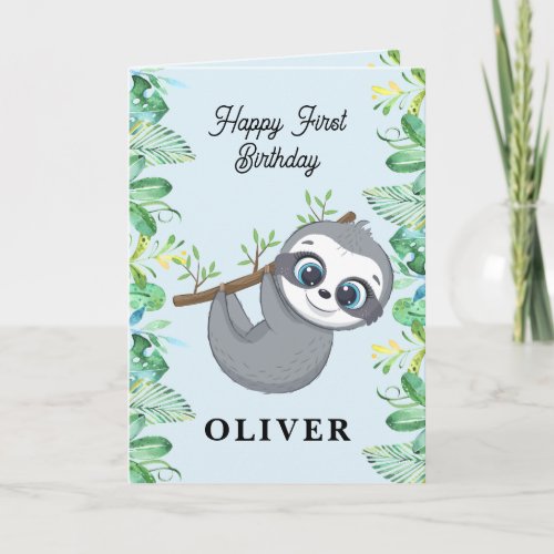 Cute Baby Sloth Happy 1st Birthday Greeting Card