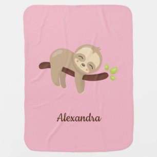 Cute Baby Sloth in Tree on Pink Animal Nursery Blanket