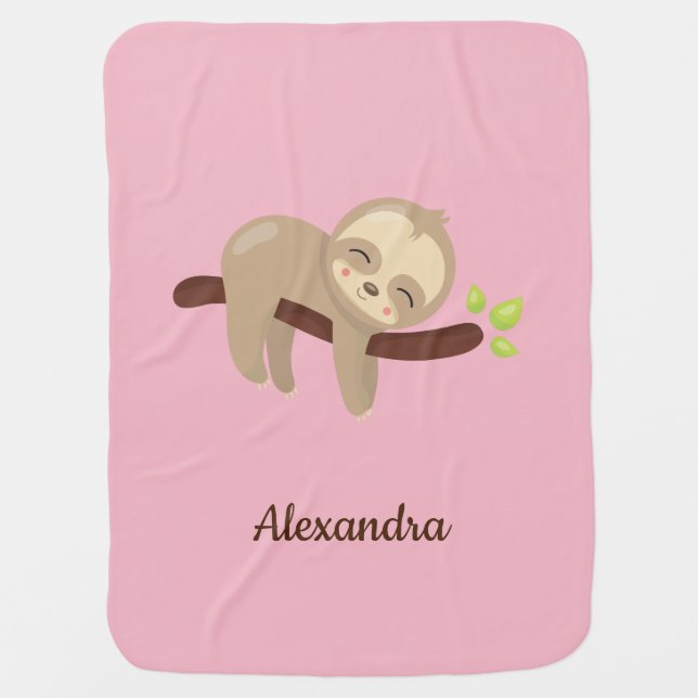 Cute Baby Sloth in Tree on Pink Animal Nursery Blanket (Front)