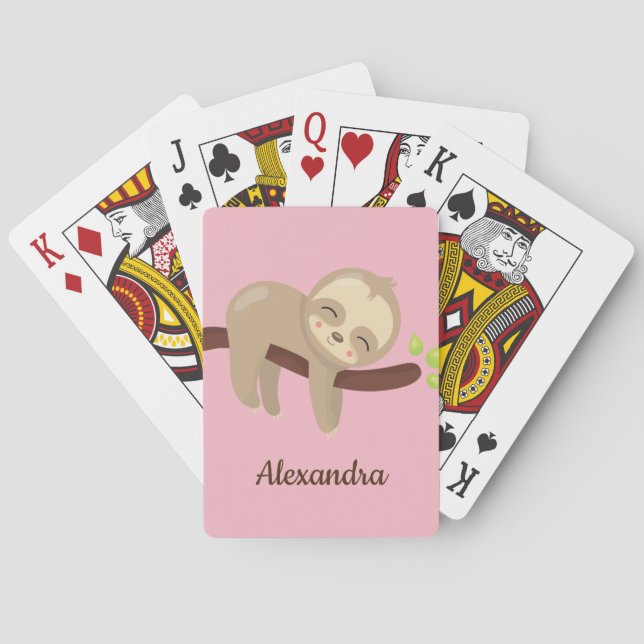 Cute Baby Sloth Kawaii Animal Illustration Pink Poker Cards (Back)
