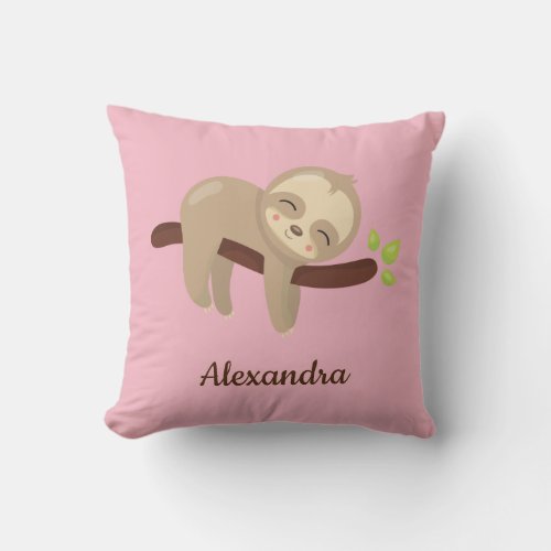 Cute Baby Sloth on Pink Nursery Throw Pillow