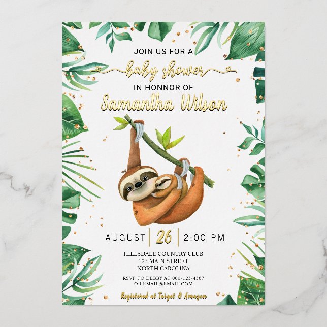 Cute Baby Sloth Tropical Baby Shower Real Foil Invitation (Front)