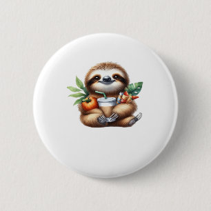 Cute Baby Sloth with Pumpkin Coffee and Pancakes w Button