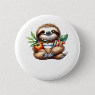Cute Baby Sloth with Pumpkin Coffee and Pancakes w Button