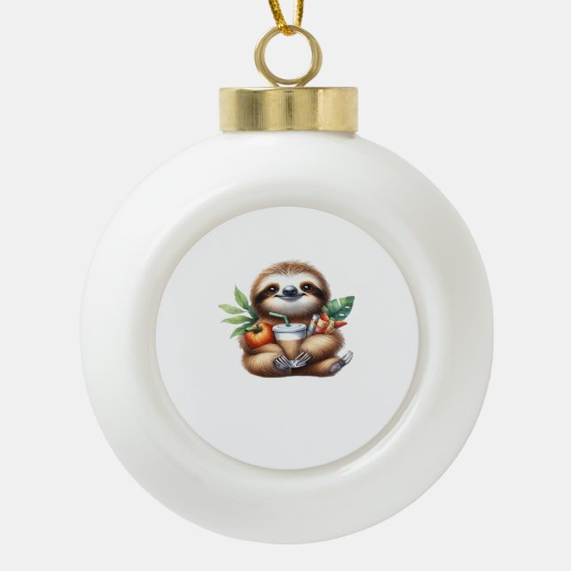 Cute Baby Sloth with Pumpkin Coffee and Pancakes w Ceramic Ball Christmas Ornament (Front)