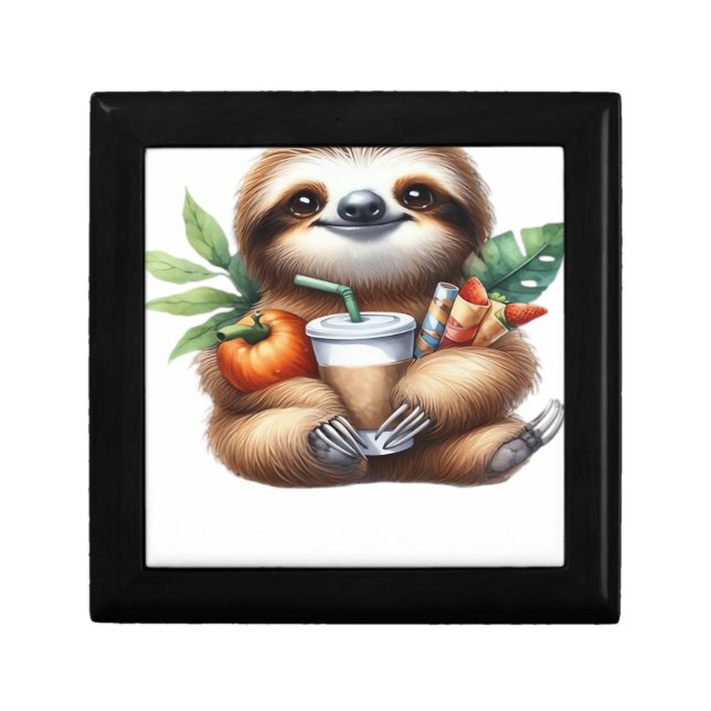 Cute Baby Sloth with Pumpkin Coffee and Pancakes w Gift Box (Front)
