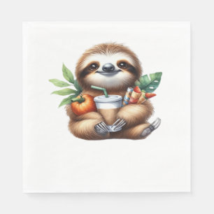 Cute Baby Sloth with Pumpkin Coffee and Pancakes w Napkins