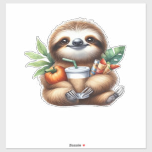 Cute Baby Sloth with Pumpkin Coffee and Pancakes w Sticker