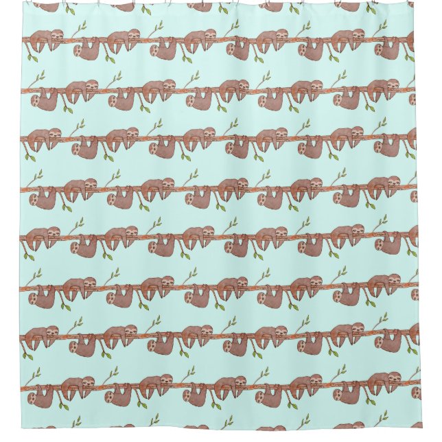 Cute Baby Sloths Hanging on Treebranch Pattern Shower Curtain (Front)