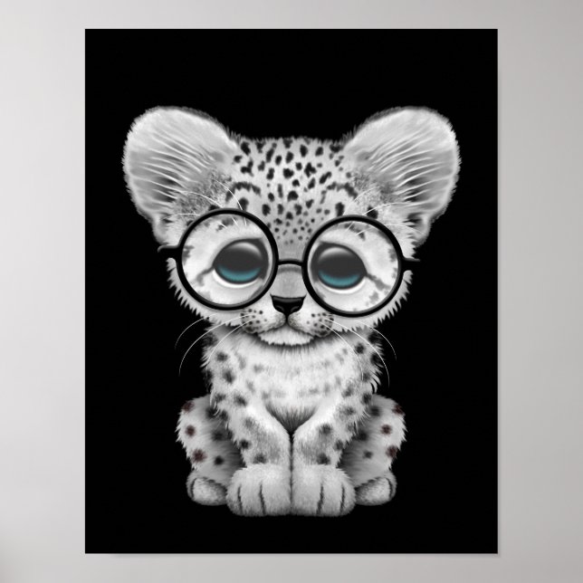 Cute Baby Snow Leopard Cub on Black Poster (Front)