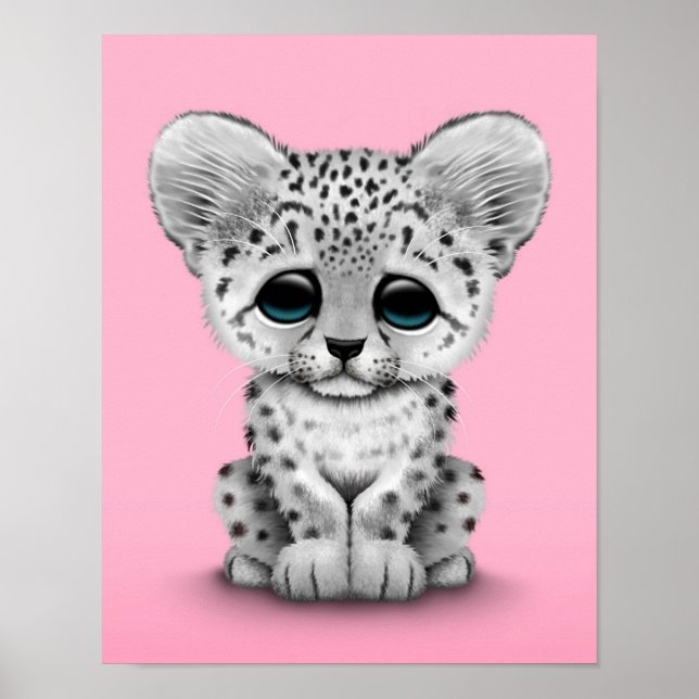 Cute Baby Snow Leopard Cub on Pink Poster (Front)