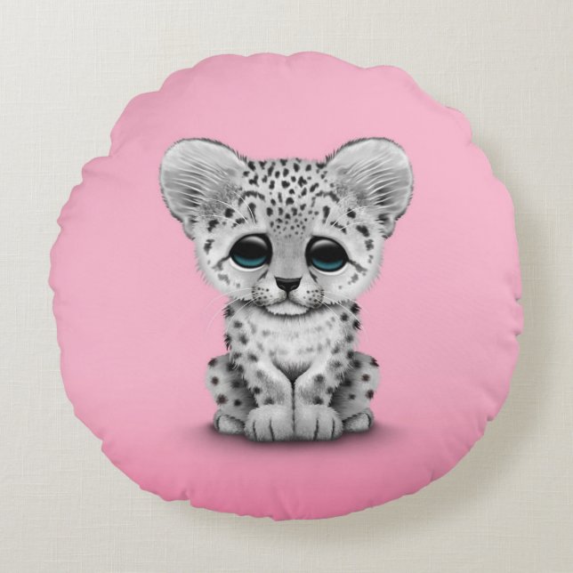 Cute Baby Snow Leopard Cub on Pink Round Pillow (Front)