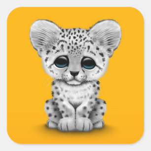 Cute Baby Snow Leopard Cub on Yellow Square Sticker