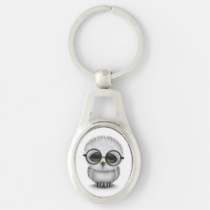 Cute Baby Snowy Owl Wearing Glasses on White Keychain