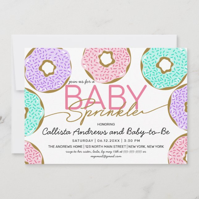 Cute Baby Sprinkle Pink Green Purple Donuts Shower Invitation (Front)