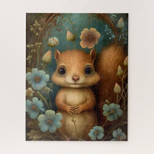 Cute Baby Squirrel Blue Flowers Painting Jigsaw Puzzle