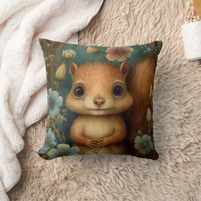 Cute Baby Squirrel Blue Flowers Painting Throw Pillow (Blanket)