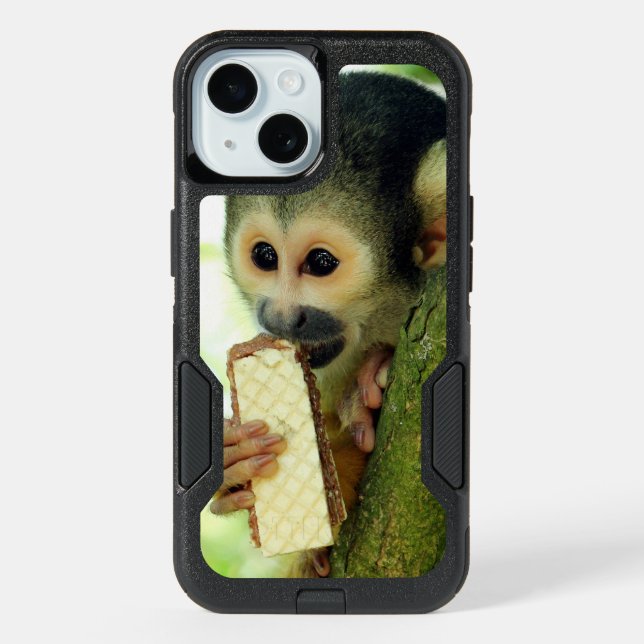 Cute Baby Squirrel Monkey Eating a Wafer Biscuit iPhone 15 Case (Back)