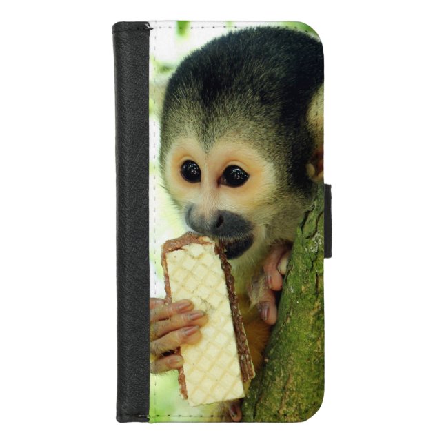 Cute Baby Squirrel Monkey Eating a Wafer Biscuit iPhone Wallet Case (Front)