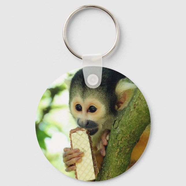 Cute Baby Squirrel Monkey Eating a Wafer Biscuit Keychain (Front)