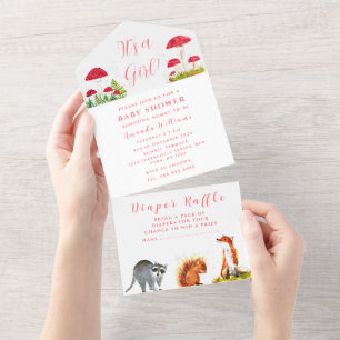 Cute Baby Squirrel Toadstool Fox Animal Watercolor All In One Invitation