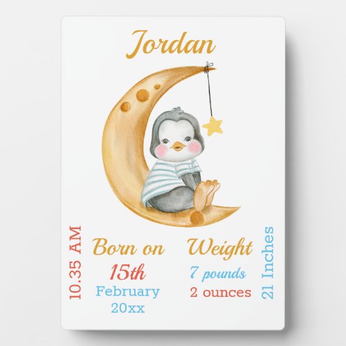 Cute Baby Stats Penguin Moon Plaque