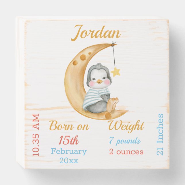 Cute Baby Stats Penguin Moon Wooden Plaque (Front Horizontal)