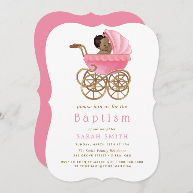 Cute Baby Stroller Pram Pink Baptism Christening Invitation (Front/Back)