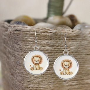 Cute Baby Stuffed Animal Lion Round Earrings