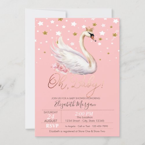 Cute Baby Swan Crown Stars Flowers Baby Shower Invitation