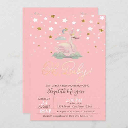 Cute Baby Swan Crown Stars Pink Baby Shower  Invitation