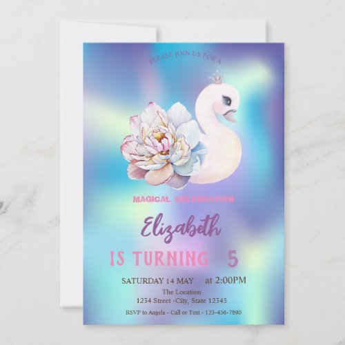 Cute Baby Swan Flower Blue Holographic Birthday Invitation