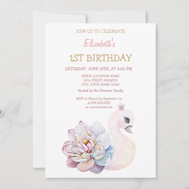 Cute Baby Swan Flower Striped Birthday   Invitation (Front)