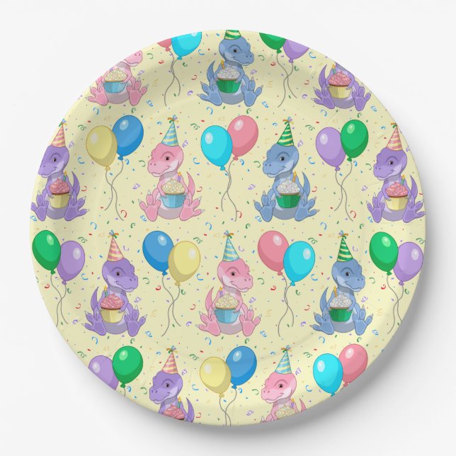 Cute Baby T-Rex Dinosaur Birthday Paper Plates (Front)
