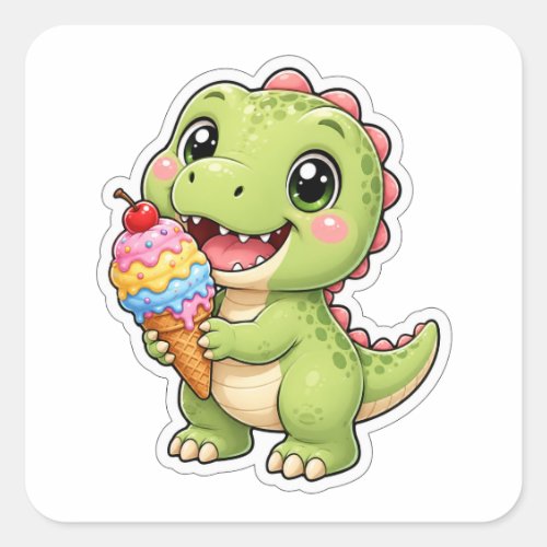 Cute Baby T-Rex With Ice Cream Art Square Sticker