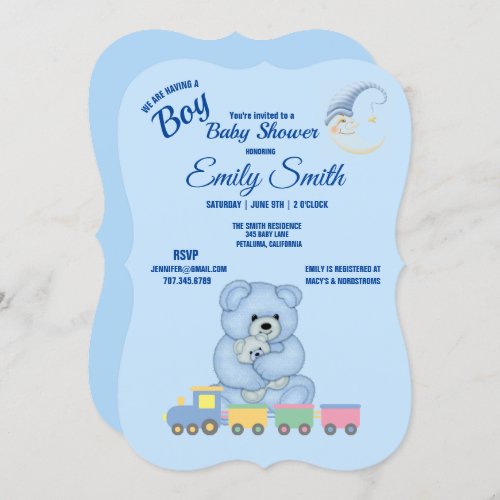 Cute Baby Teddy Bear Toy Train Boy Baby Shower Invitation