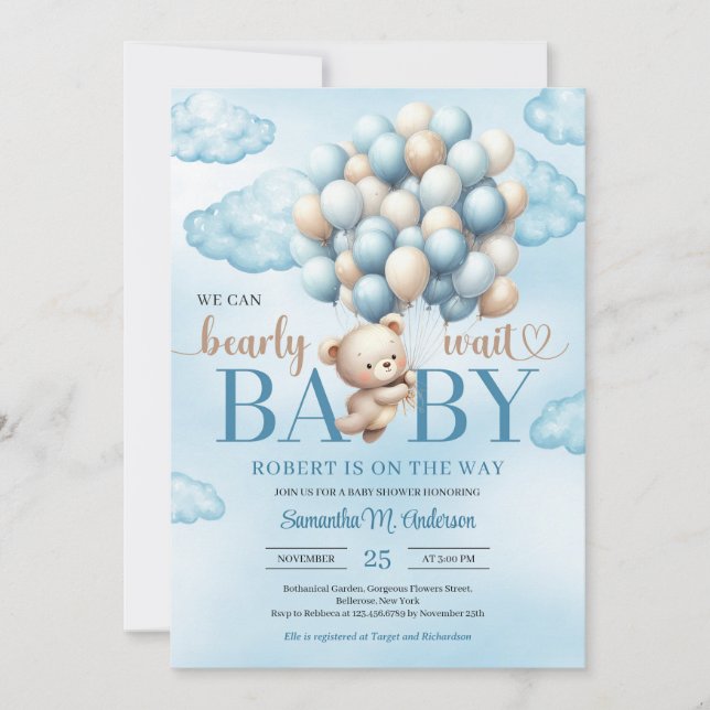 Cute baby teddy bear with blue and ivory balloons invitation (Front)