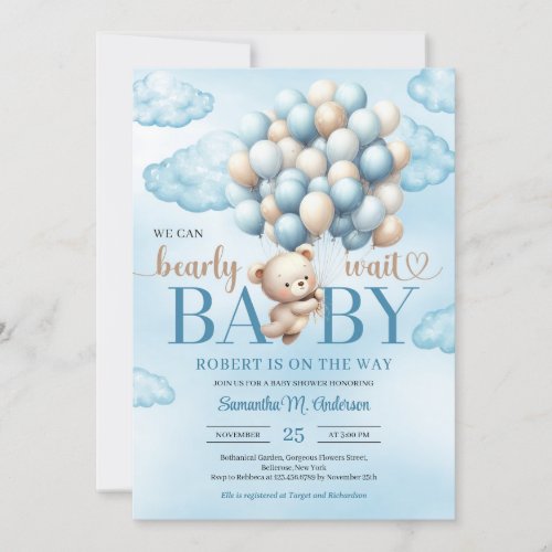 Cute baby teddy bear with blue and ivory balloons invitation