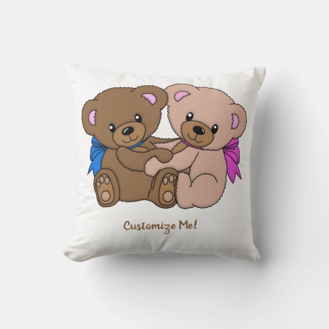Cute Baby Teddy Bears Adorable Twins Personalized Throw Pillow (Front)