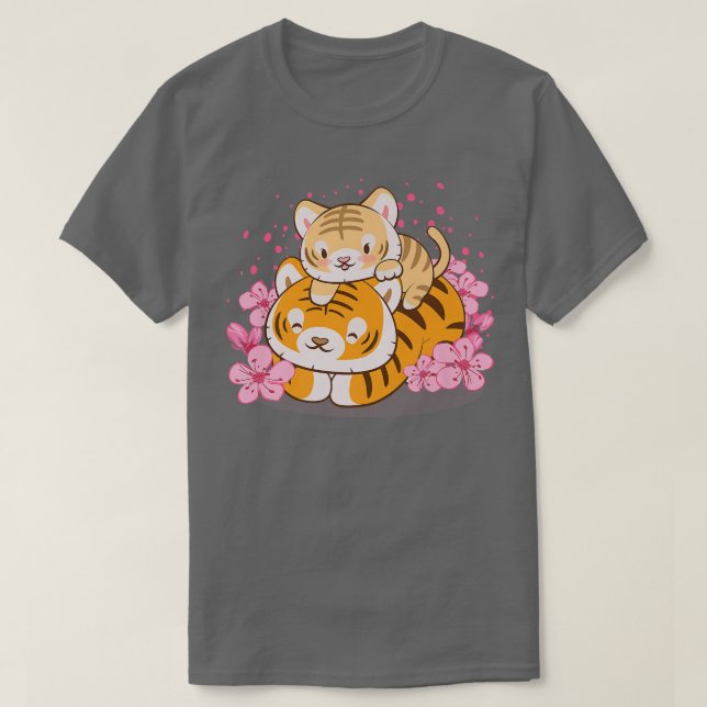 Cute Baby Tiger and Mom Pink Sakura Kawaii  T-Shirt (Design Front)