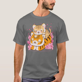Cute Baby Tiger and Mom Pink Sakura Kawaii T-Shirt