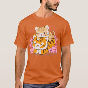 Cute Baby Tiger and Mom Pink Sakura Kawaii T-Shirt