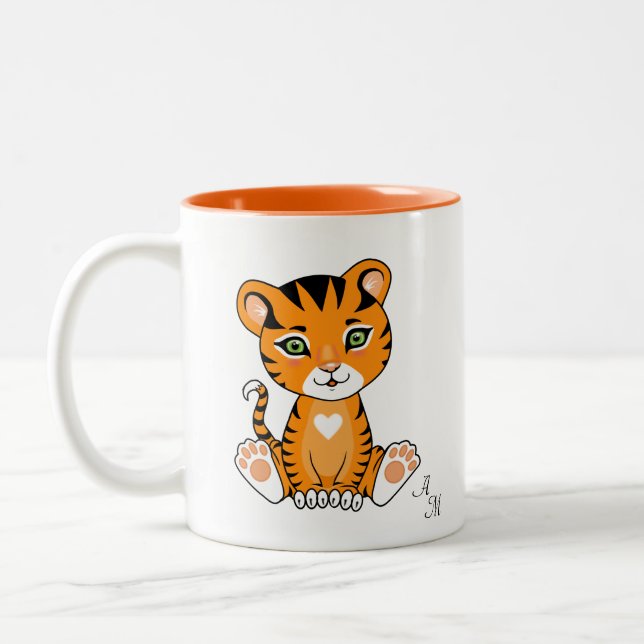 Cute Baby Tiger Animal Cartoon & Monogram Two-Tone Coffee Mug (Left)