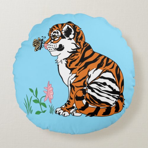 Cute Baby Tiger Cub and Butterfly Round Pillow