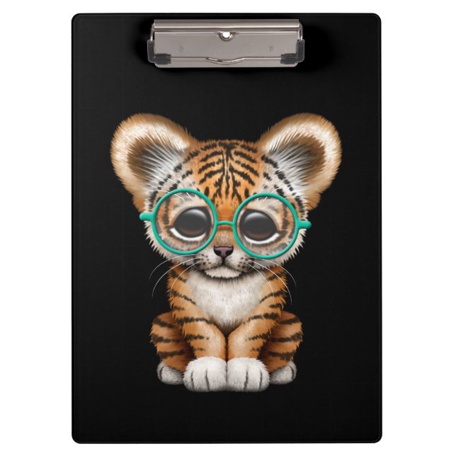 Cute Baby Tiger Cub Wearing Glasses on Black Clipboard (Front)