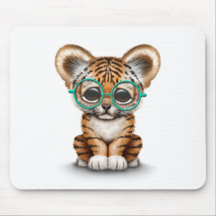 Cute Baby Tiger Cub Wearing Glasses on White Mouse Pad