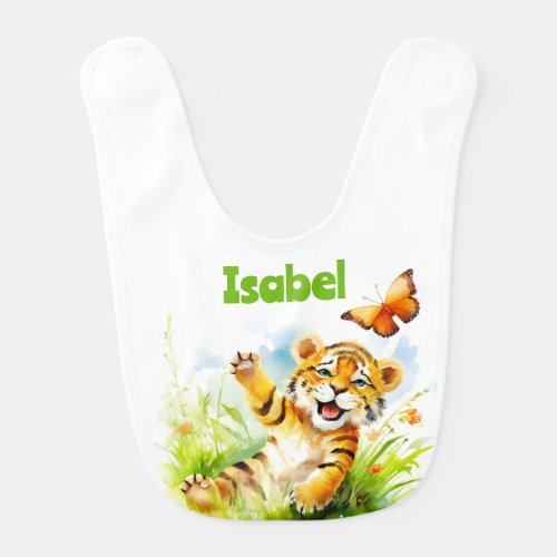 Cute Baby Tiger with a Butterfly Personalized Baby Bib