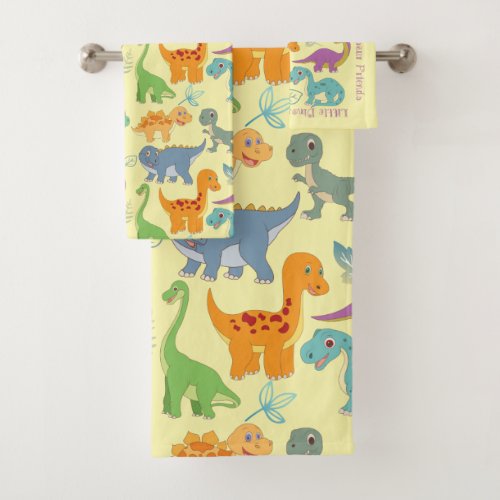 Cute baby toddler dinosaurs collage pattern bath towel set